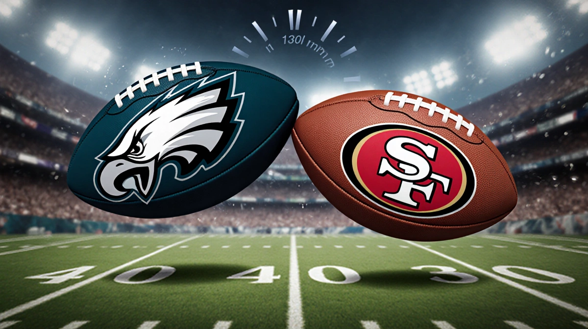 Two footballs collide on a field with Eagles and 49ers logos and a subtle NFL color gradient.