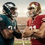 Two NFL players standing side by side with crossed arms and clenched fists in front of a blurred stadium lighting