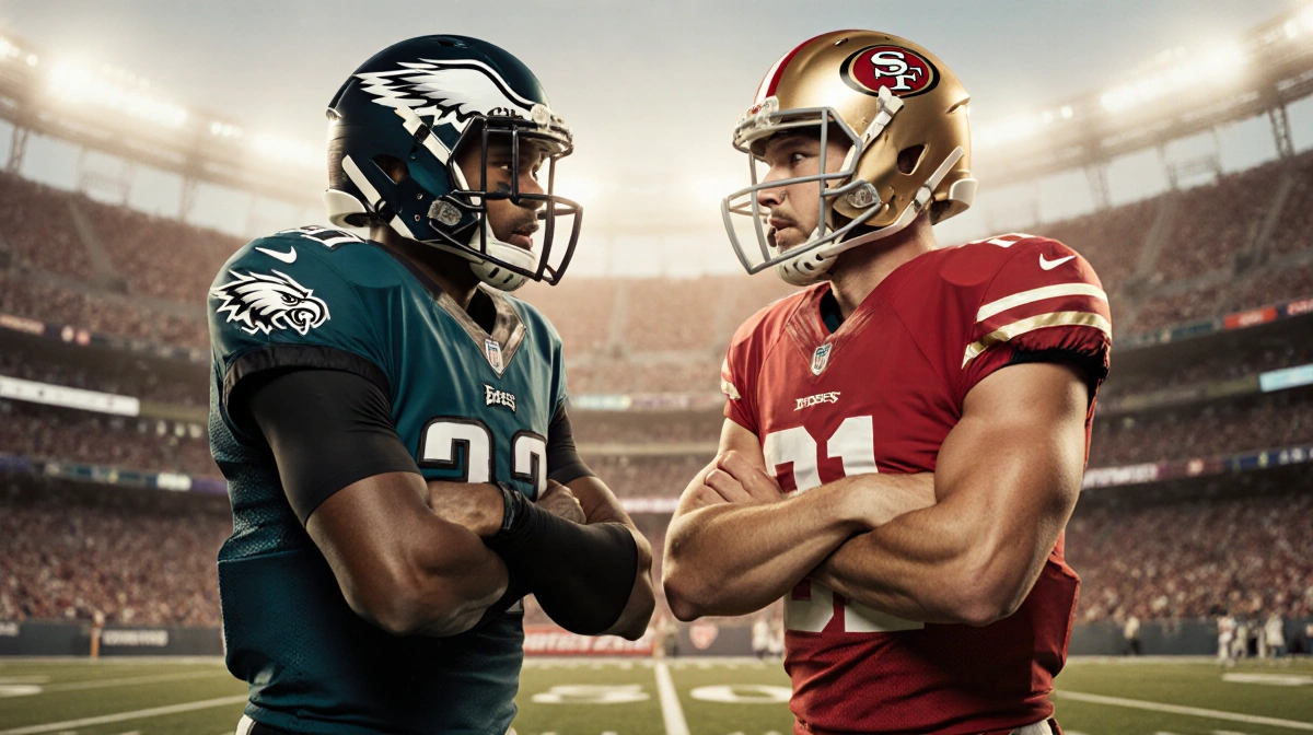 Two NFL players standing side by side with crossed arms and clenched fists in front of a blurred stadium lighting