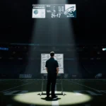 Coach Nick Sirianni standing in a dim football stadium with a whiteboard and a TV screen showing the final score.