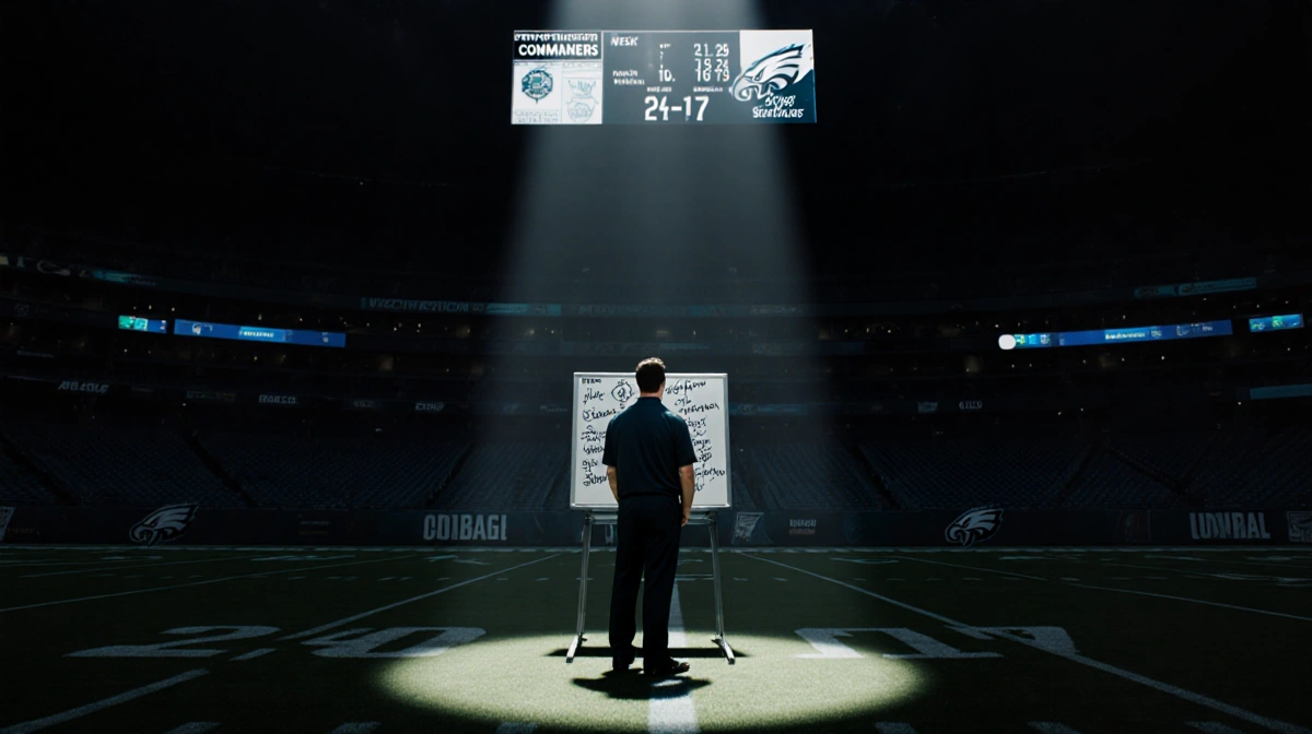 Coach Nick Sirianni standing in a dim football stadium with a whiteboard and a TV screen showing the final score.
