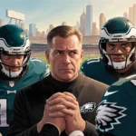 Eagles players huddle around Coach Patullo with determined faces and clasped hands near Lincoln Financial Field