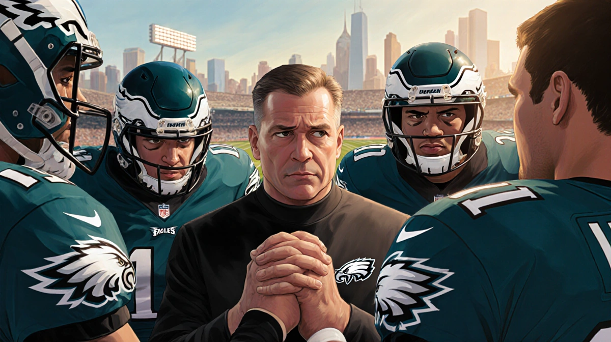 Eagles players huddle around Coach Patullo with determined faces and clasped hands near Lincoln Financial Field