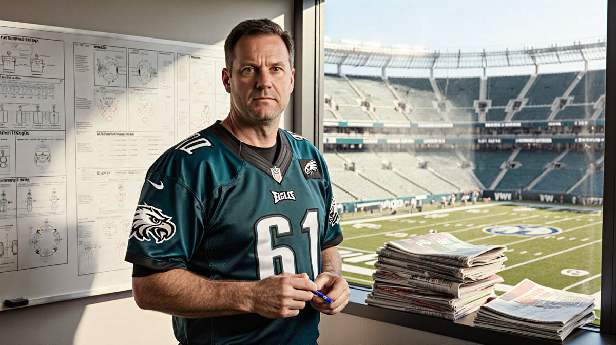 Philadelphia Eagles coach standing with pen and whiteboard full of game plans and a blurred field behind