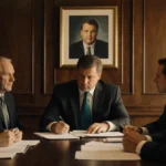 Philadelphia Eagles coaches reviewing game plans with framed photo of Sirianni on wood-paneled wall