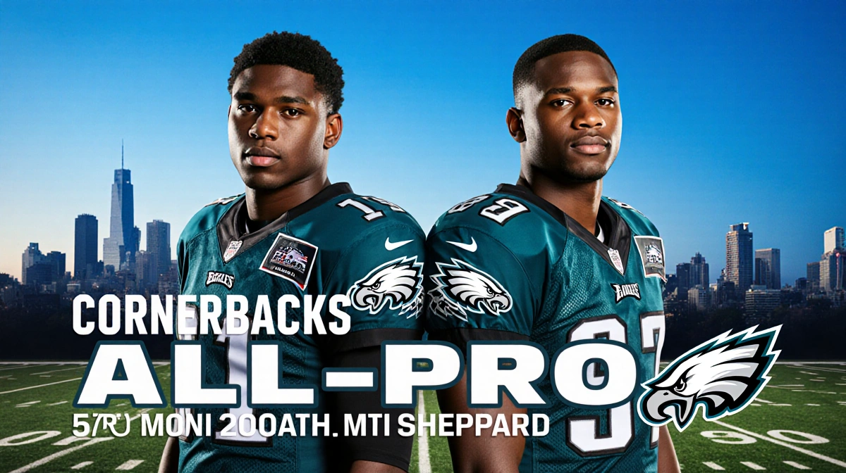 Quinyon Mitchell and Cooper DeJean stand back to back on the football field with Philadelphia Eagles jerseys and All-Pro badg