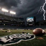 Abandoned Eagles logo sits on trash-strewn field with deflated football as defeated coach walks away under stormy sky