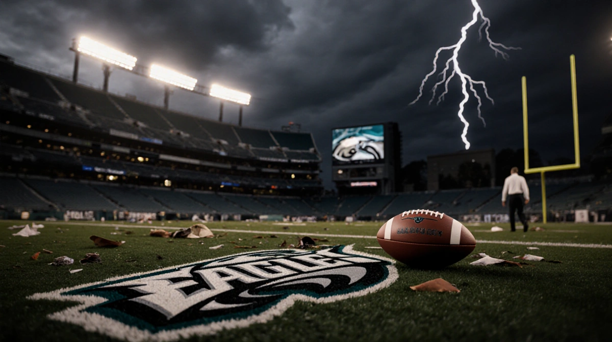 Abandoned Eagles logo sits on trash-strewn field with deflated football as defeated coach walks away under stormy sky