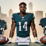 Eagles player standing confidently at a drafting table with signed jerseys and a blurred Philadelphia skyline behind