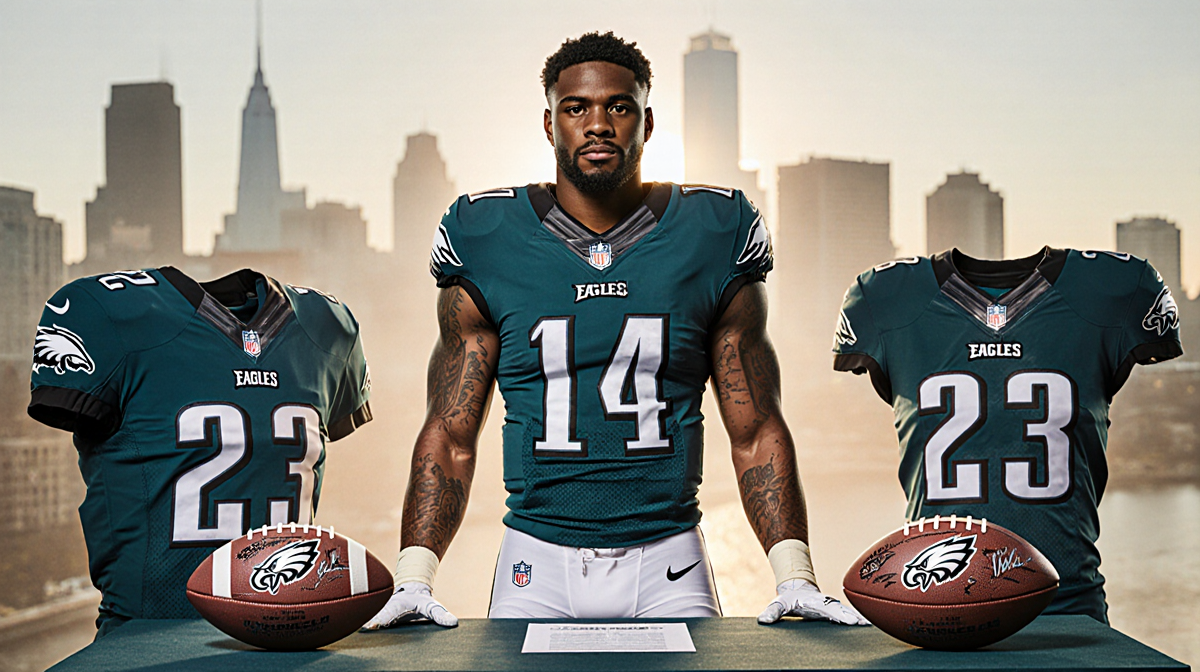 Eagles player standing confidently at a drafting table with signed jerseys and a blurred Philadelphia skyline behind