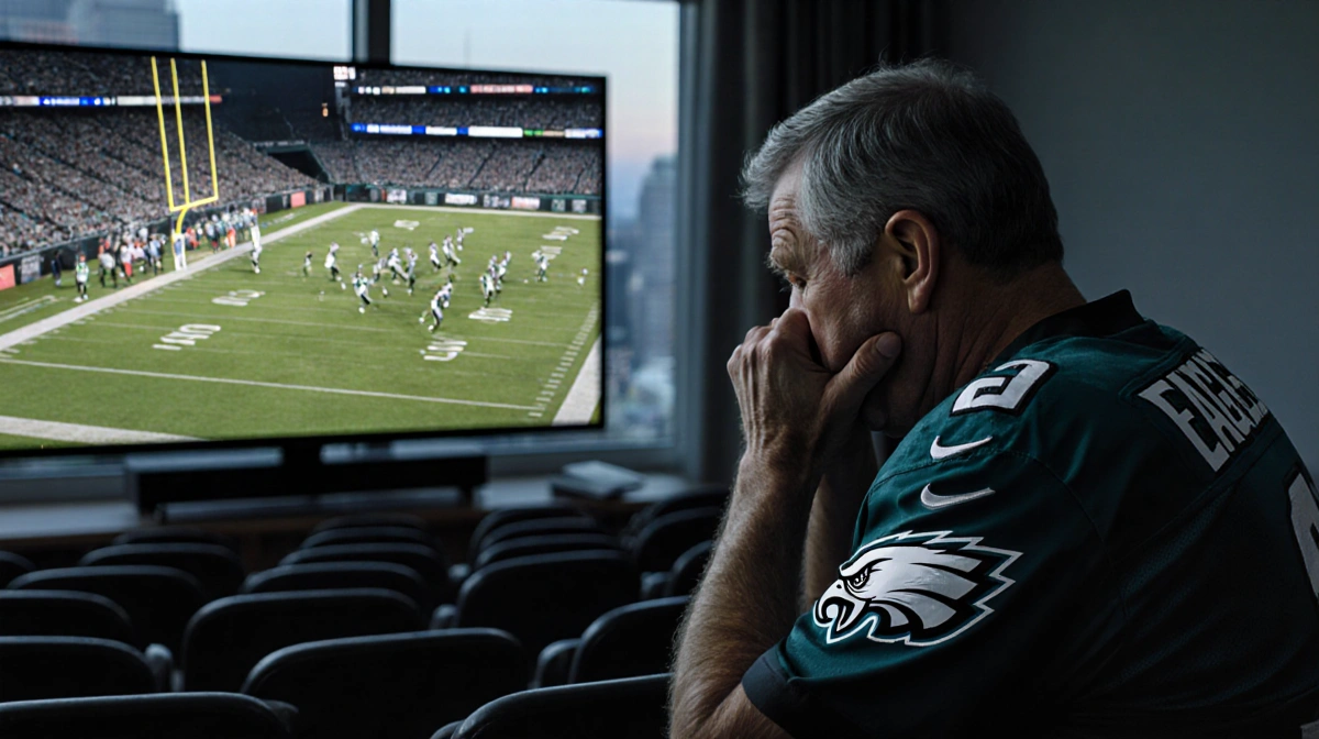 Disappointed Eagles fan sits with head in hands watching TV replay of touchdown with empty stadium seats visible through wind
