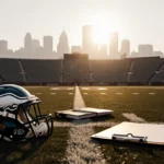 Abandoned Eagles football helmet and clipboard lie on worn field with Philadelphia skyline fading at sunset