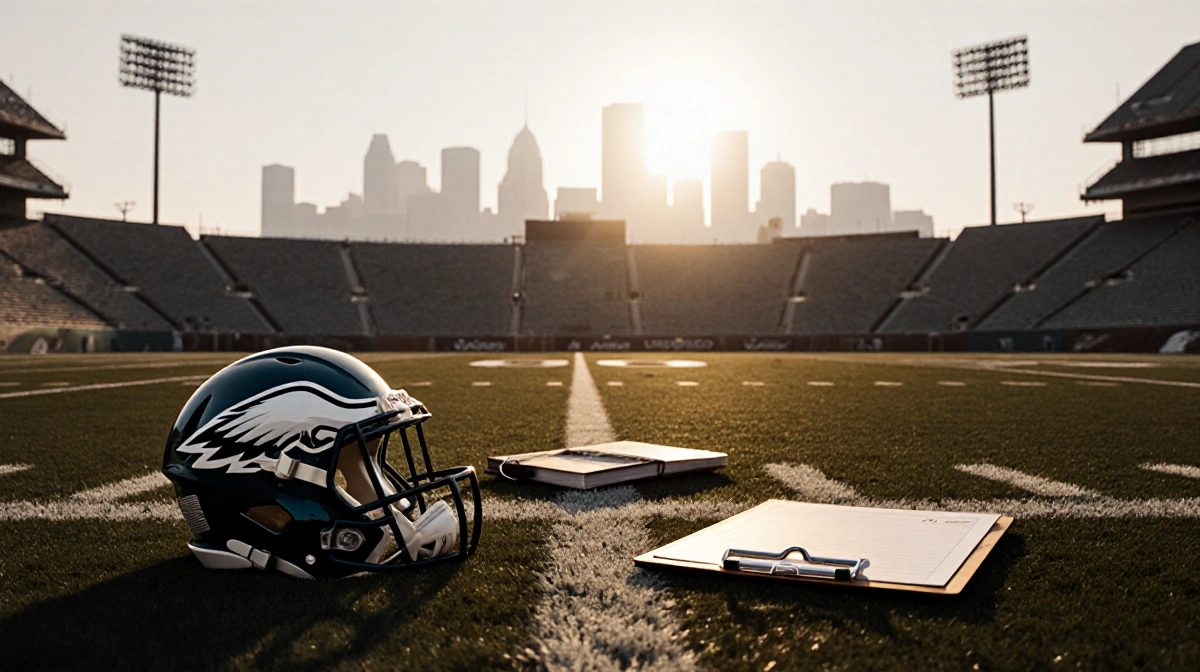 Abandoned Eagles football helmet and clipboard lie on worn field with Philadelphia skyline fading at sunset
