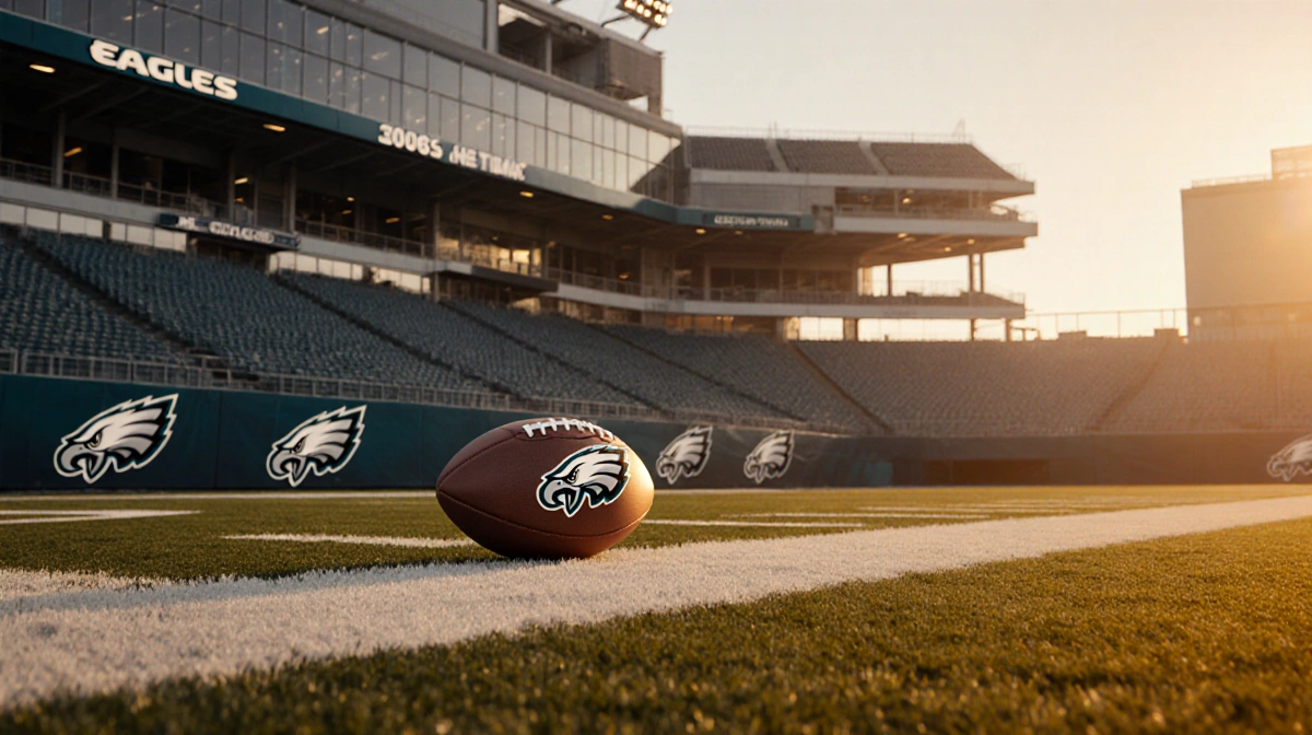 Football rests on empty Eagles sideline with team logo visible and stadium seats rising behind