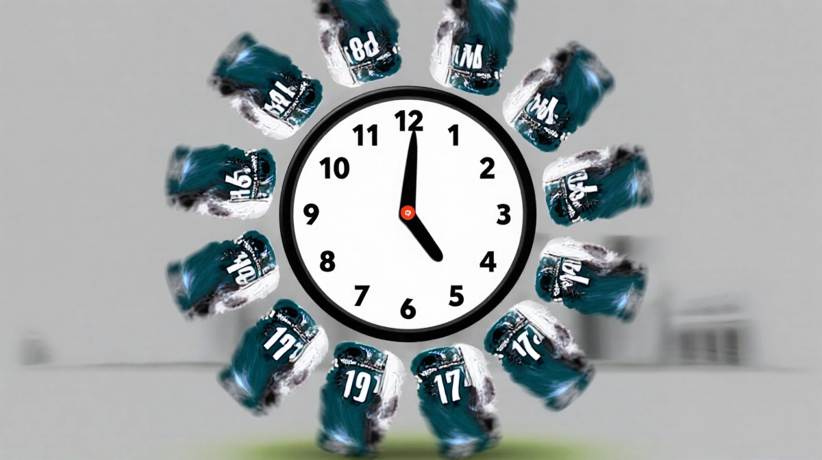 Clock with multiple hands pointing to Eagles jerseys and helmets showing free agency deadlines approaching