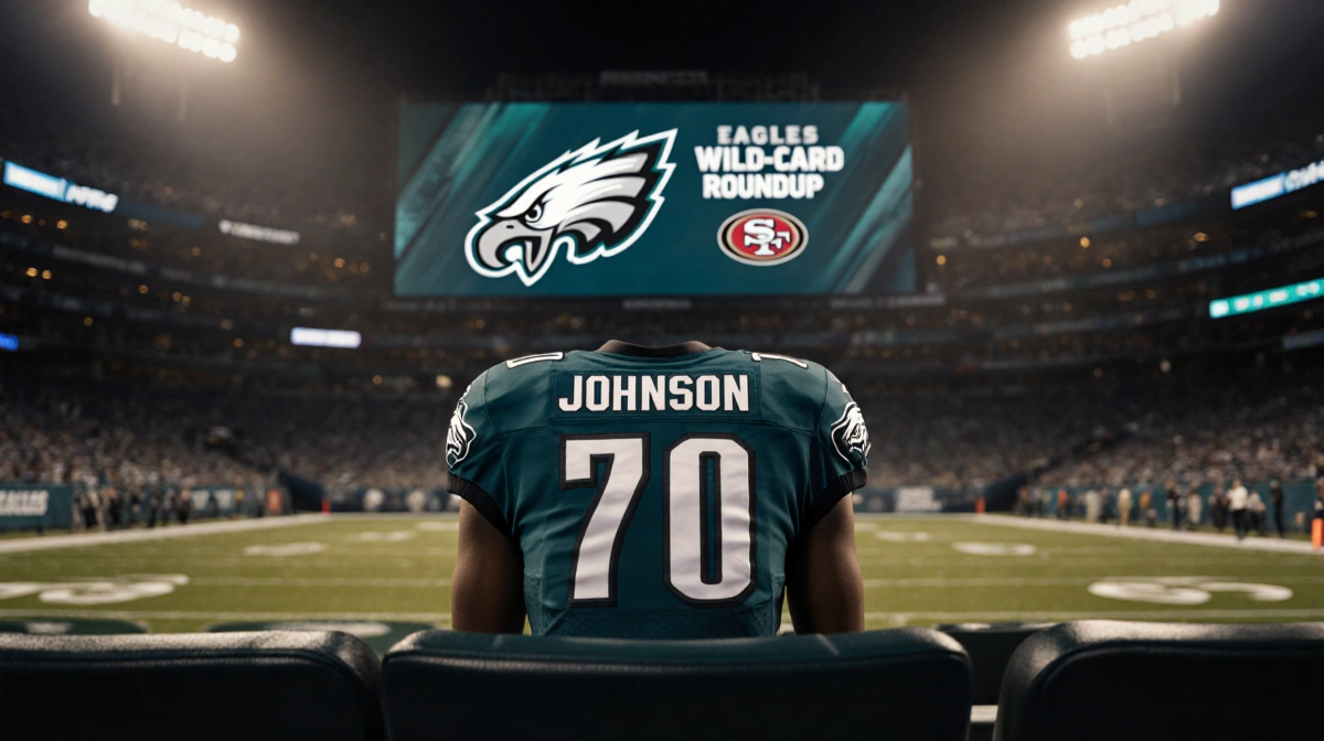 Eagles jersey rests on stadium bench with massive screen showing team logo and field lights glowing behind
