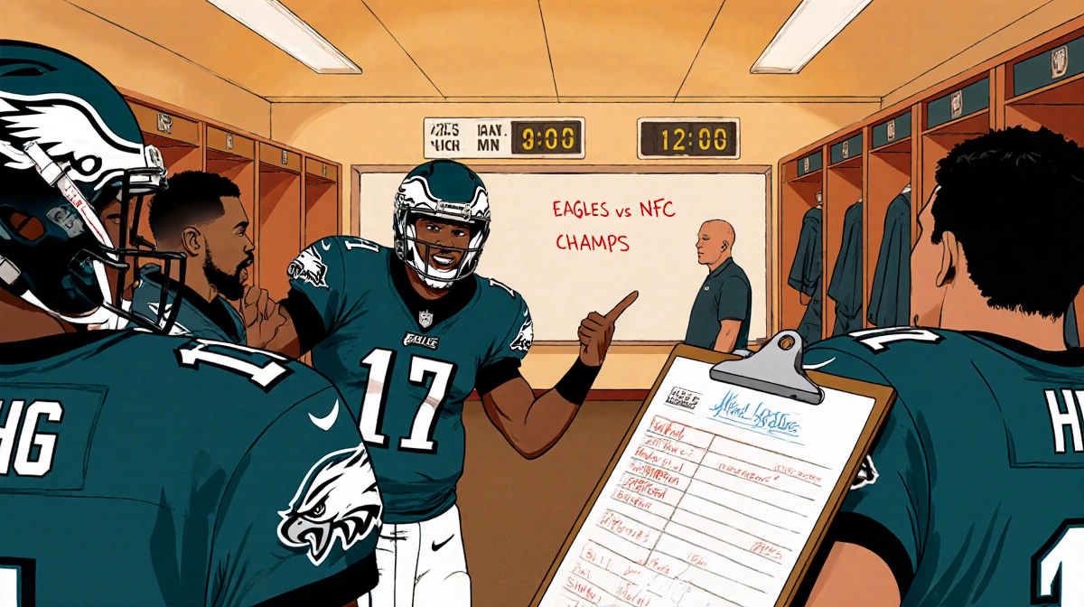 Jalen Hurts rallies Eagles teammates with Brandon Graham gesturing and a countdown timer on the whiteboard