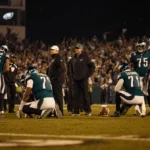 Philadelphia Eagles football players gather around coach with Cameron Williams ready for playoffs cheering in distance