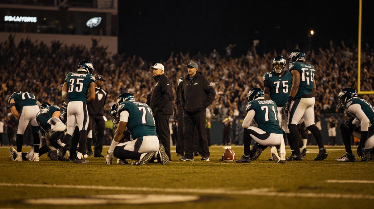 Philadelphia Eagles football players gather around coach with Cameron Williams ready for playoffs cheering in distance