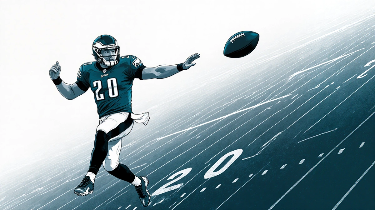 Eagles punter Braden Mann kicking football with ball soaring toward end zone and winter field lines in background