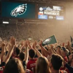 Eagles fans cheering with Philadelphia Eagles logo above the field and friends high‑fiving near a large screen