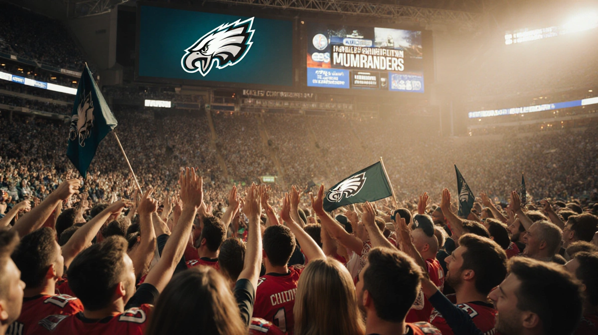 Eagles fans cheering with Philadelphia Eagles logo above the field and friends high‑fiving near a large screen