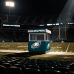 Spotlight shining on empty coaching booth with Eagles logo behind and golden light across seats