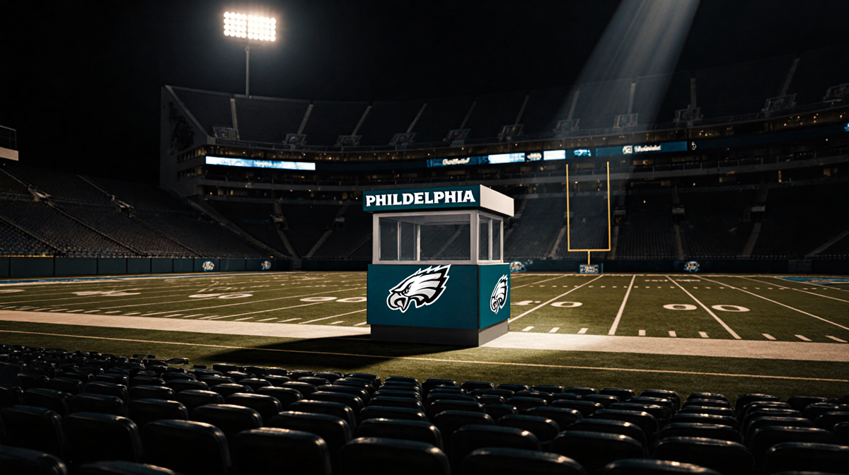 Spotlight shining on empty coaching booth with Eagles logo behind and golden light across seats