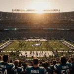 Eagles fans cheering with Philadelphia Eagles logo on field stadium illuminated by sunset