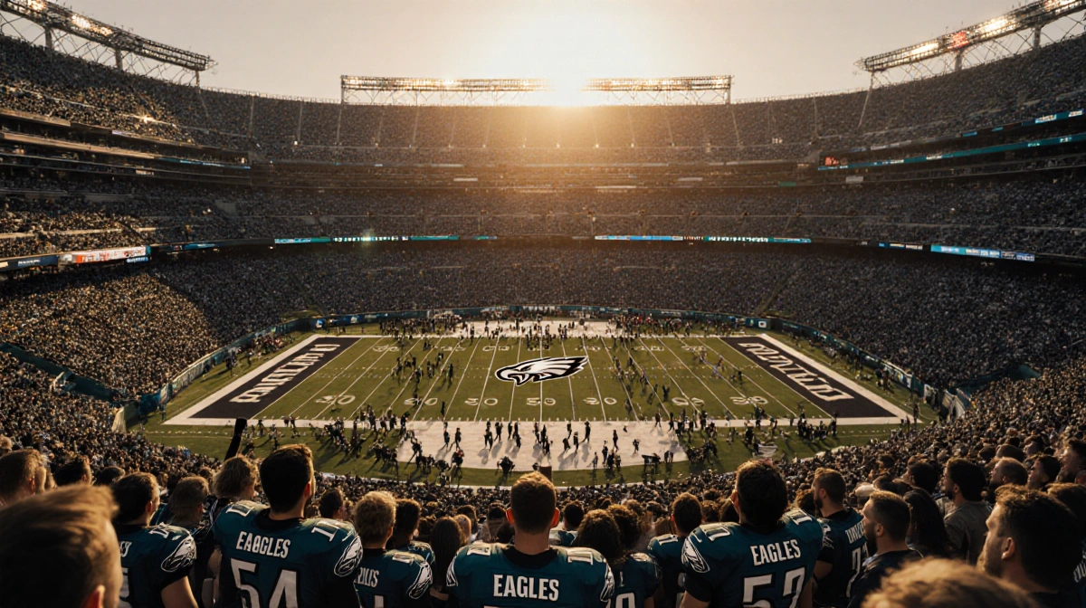 Eagles fans cheering with Philadelphia Eagles logo on field stadium illuminated by sunset