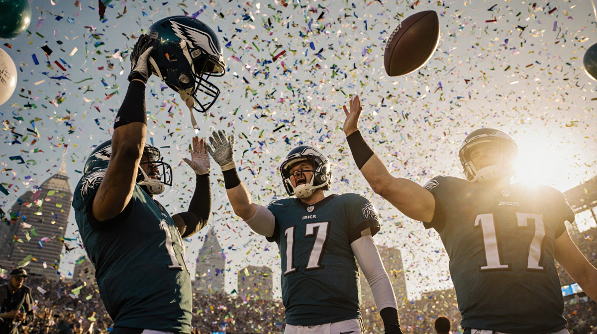 Brandon Johnson holds up his helmet with confetti and a Philadelphia skyline backdrop as Eagles celebrate victory.