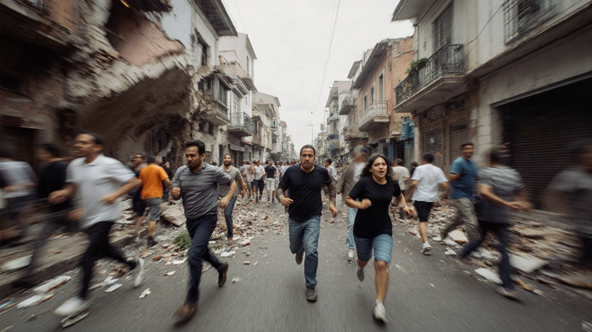 Residents and tourists running into streets with collapsing buildings and scattered debris showing panic during an earthquake