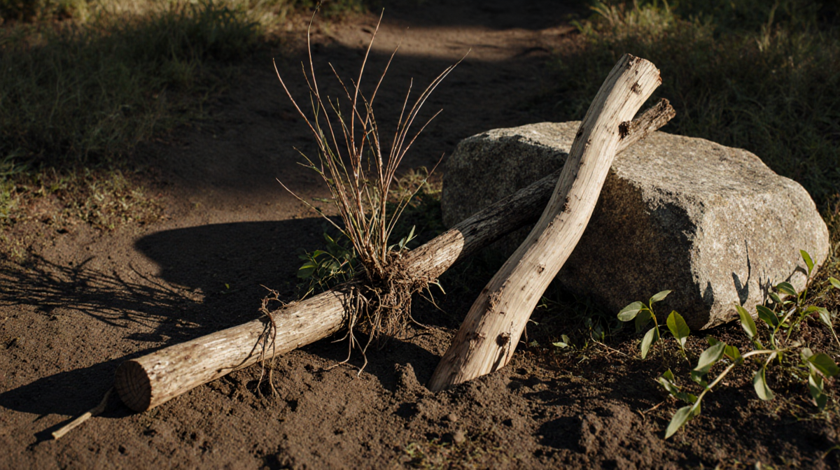 Large wooden stick lying horizontally with roots and foliage tangled around it and a small willow piece propped against stone
