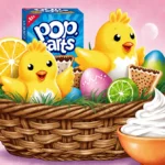 Easter basket overflows with marshmallow chicks flavored with citrus and Pop-Tarts beside whipped cream