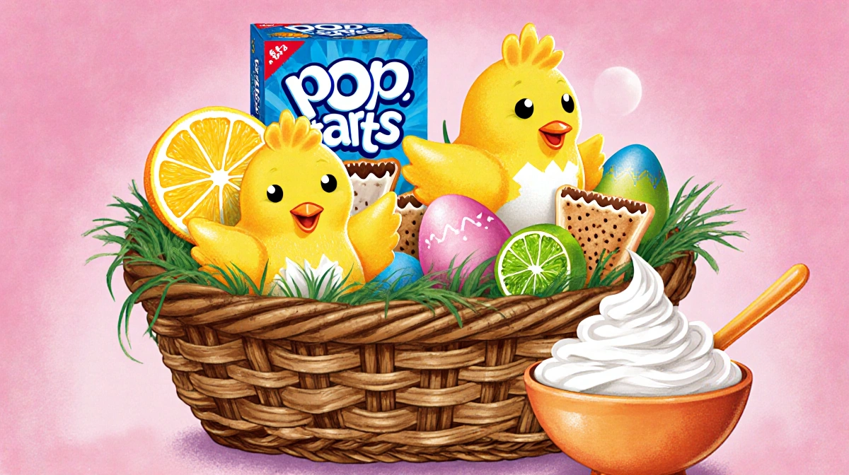 Easter basket overflows with marshmallow chicks flavored with citrus and Pop-Tarts beside whipped cream