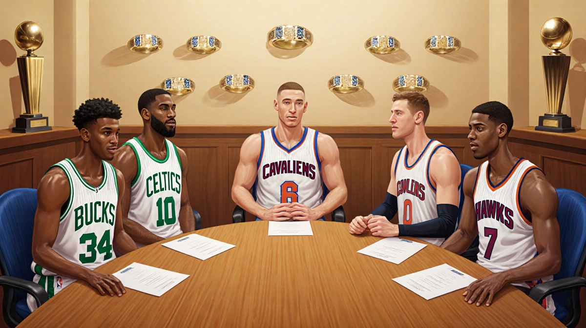Six Eastern Conference NBA teams gather around a circular table with championship rings on the wall behind them