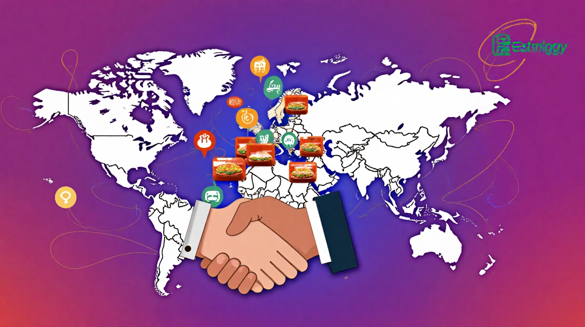 Map of India merges restaurant icons into one with swirling business tendrils and a handshake between Eat App and Swiggy.