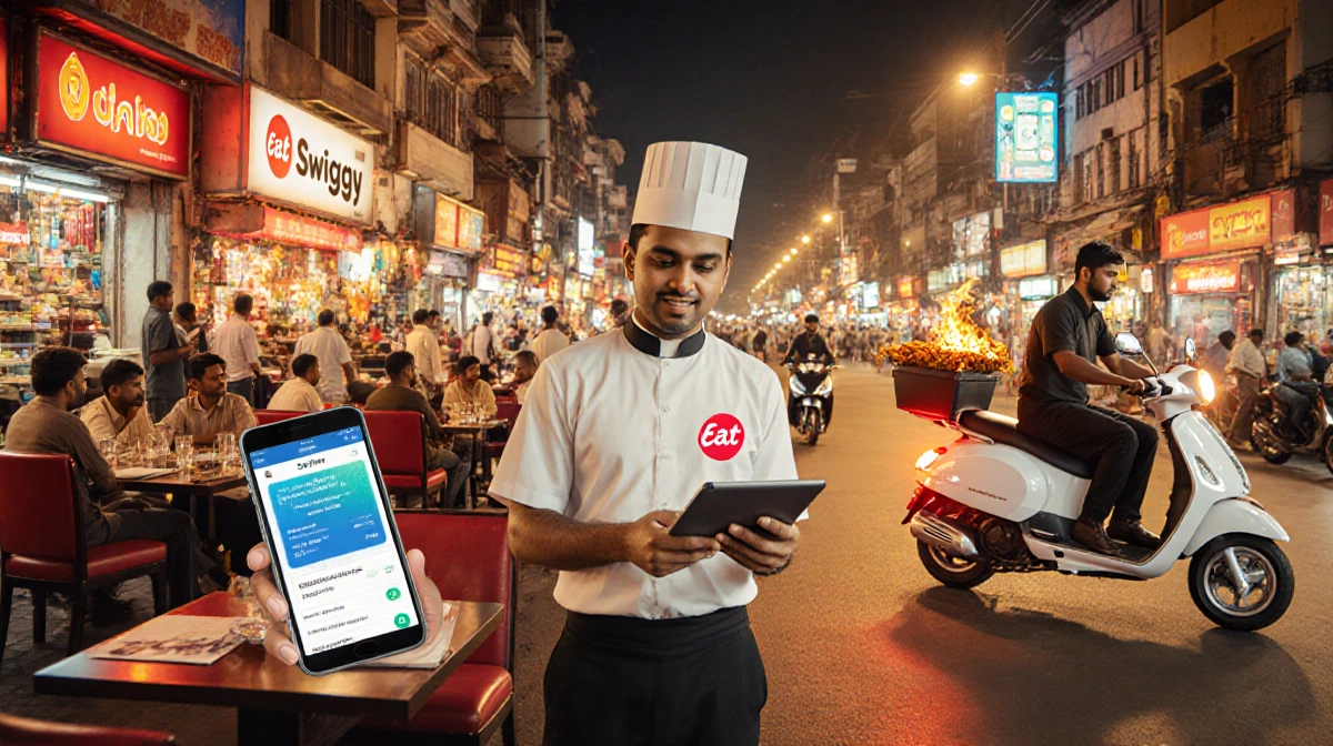 Waiter carries tablet with Eat App logo amid Mumbai night market with phones orders and Swiggy rider on scooter delivers meal
