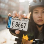 Person holding e-bike license plate with New Jersey street and autumn leaves behind