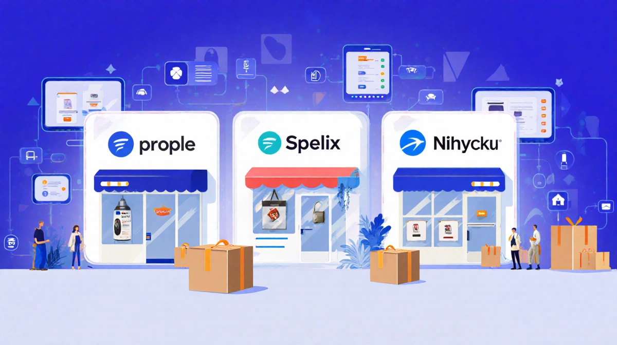 Multiple marketplace storefronts stand side by side with logos and digital product listings showing e-commerce shopping optio