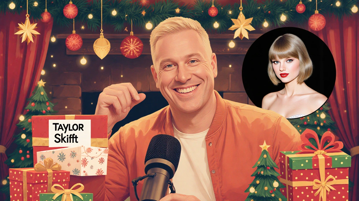 Ed Kelce recording a podcast with microphone and Christmas decorations a gift labeled Taylor Swift creating cozy holiday vibe