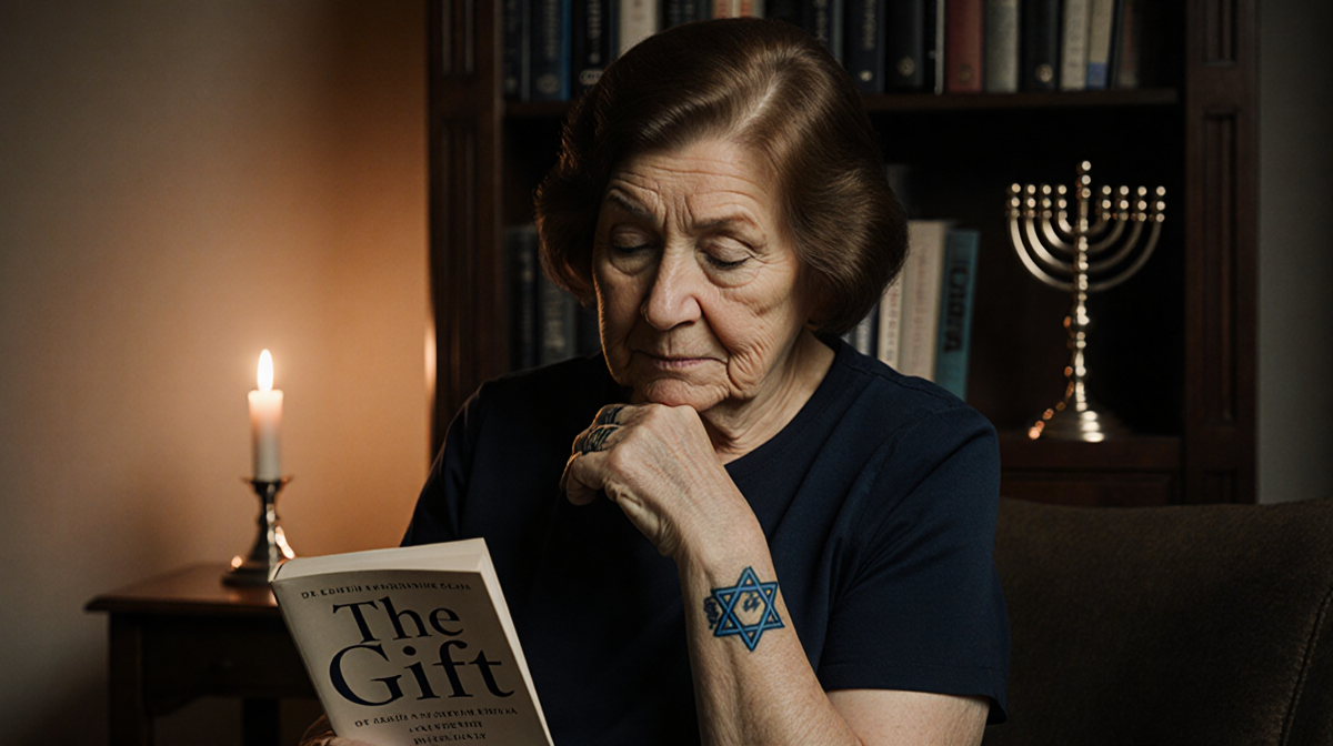 Dr. Edith Eger sits holding The Gift in a candlelit room showing a faint tattoo as a survivor's memory.