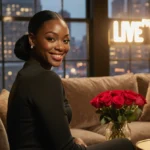 Ego Nwodim smiles confidently on a plush couch with a Critics Choice Award and roses near her SNL sign in background