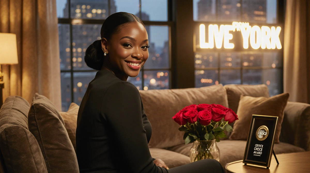 Ego Nwodim smiles confidently on a plush couch with a Critics Choice Award and roses near her SNL sign in background