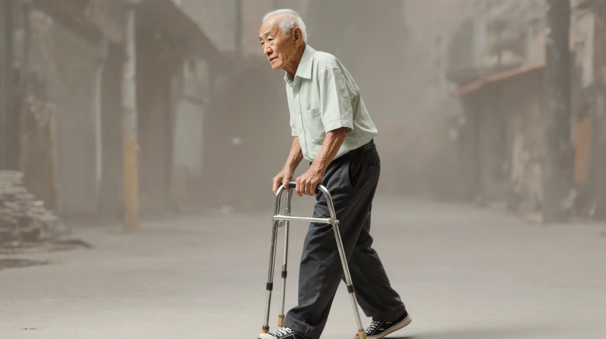 Elderly Asian man standing with cane and light shirt showing vulnerable expression near urban background