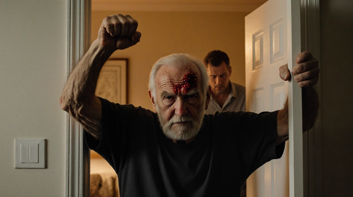 Elderly man blocks bedroom doorway with raised arms and blood on forehead while menacing figure lurks behind