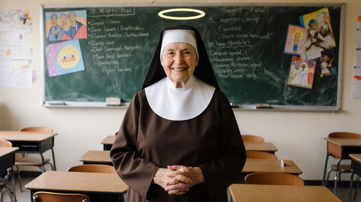 Sister Paul stands with clasped hands before chalkboard with student artwork and classroom desks behind