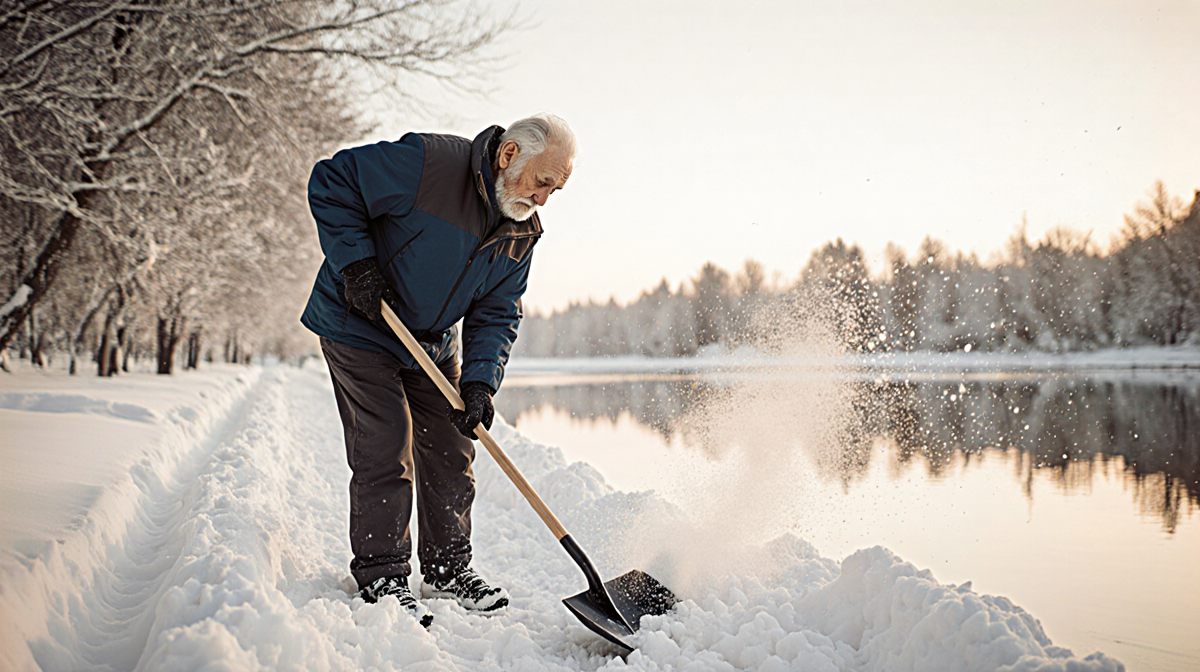 Older adult shoveling snow with snow-covered trees and a frozen lake in the background and showing exertion and caution.