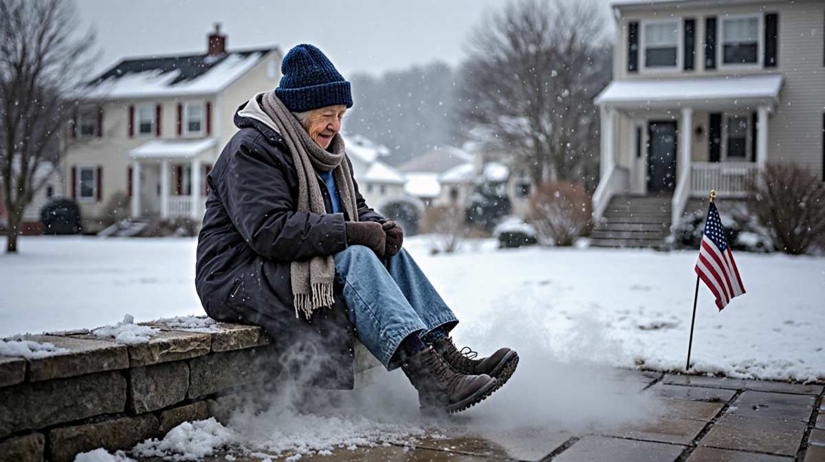 Elderly woman sitting on stone patio with frosty mist rising around her feet and a small American flag in the corner.