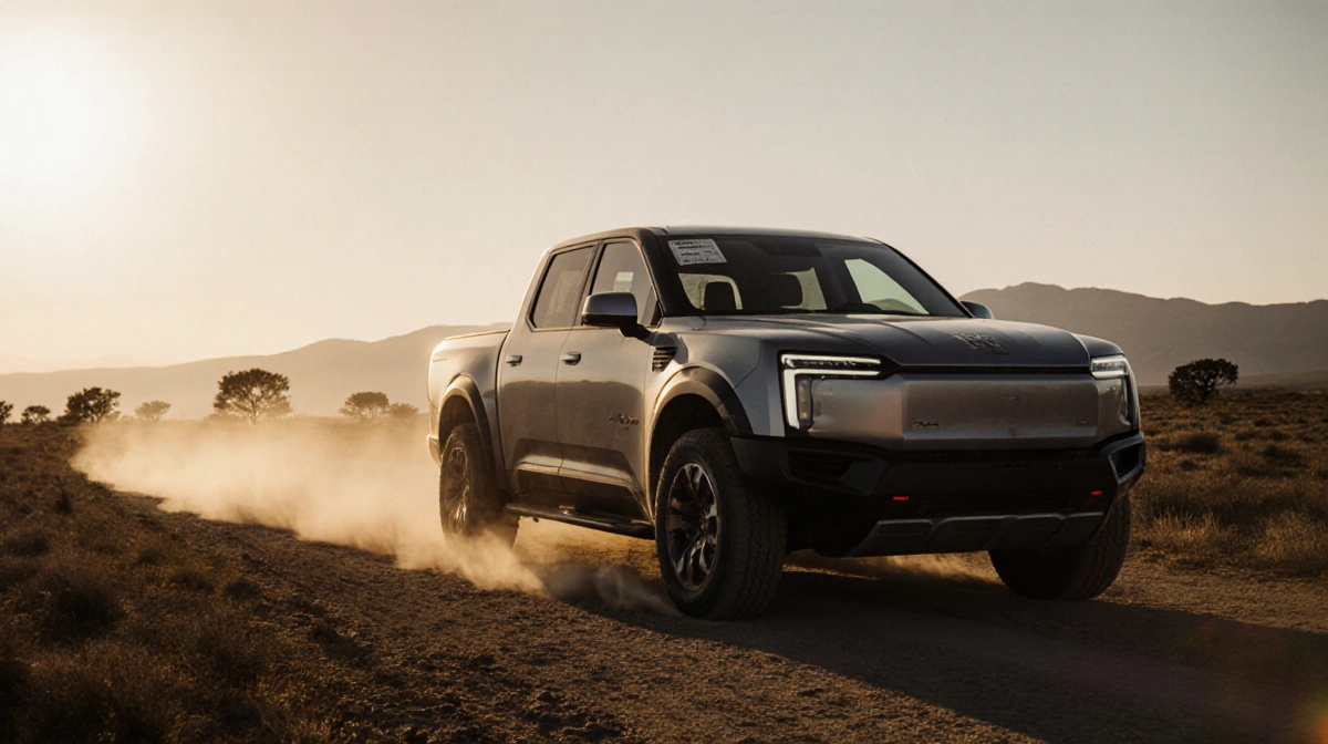 Electric pickup driving along dusty road with light casting glow on body and empty slot on windshield hinting lost incentives